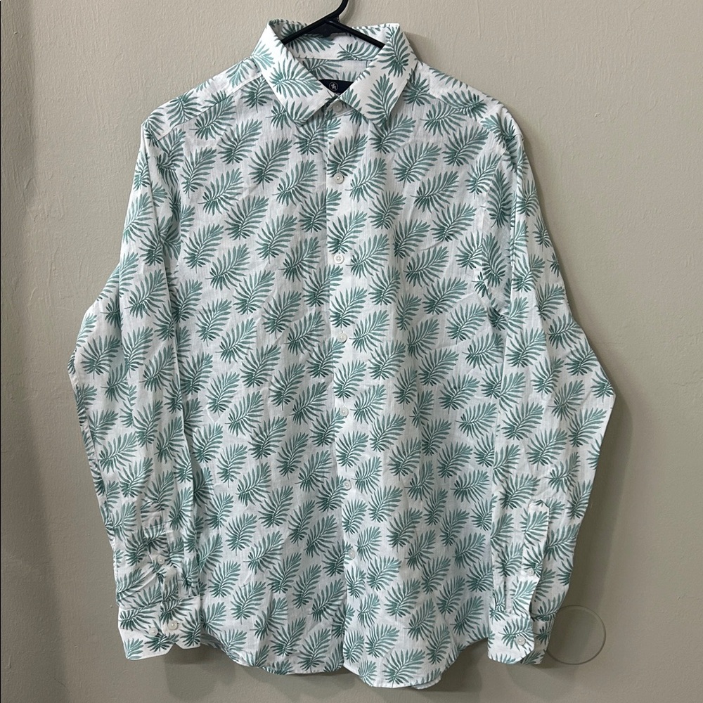 Hart Schaffner Marx White and Green Leaf Print Shirt 100% Cotton Sz M
